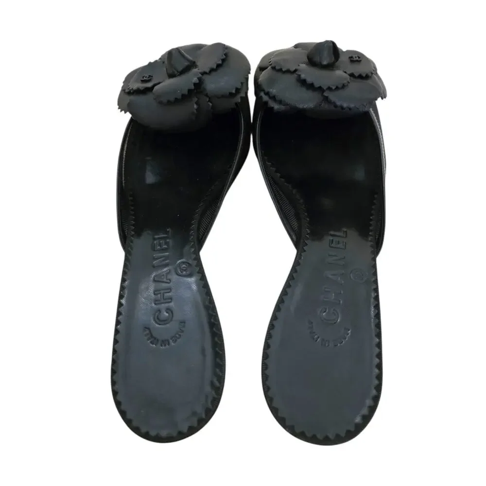 Chanel Vintage Mesh Mules Camellia Flower Logo Black Leather Heels IT 37 US 6.5